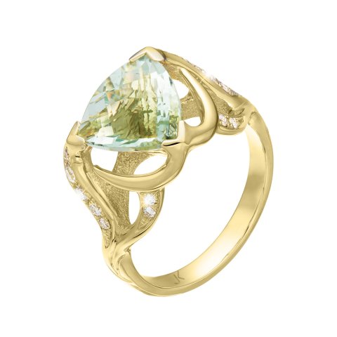 Zlatý prsten se zeleným ametystem a diamanty