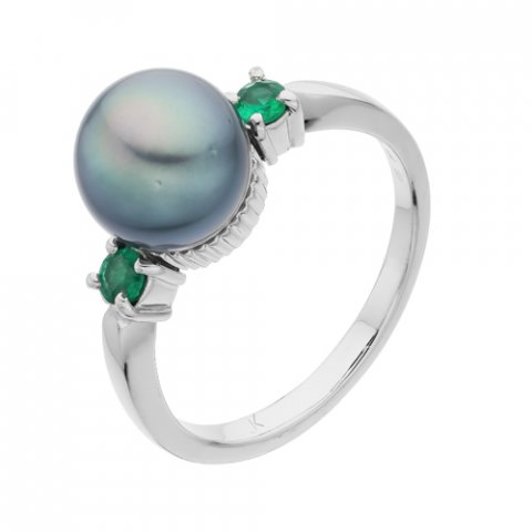 Platinový prsten s perlou a smaragdy