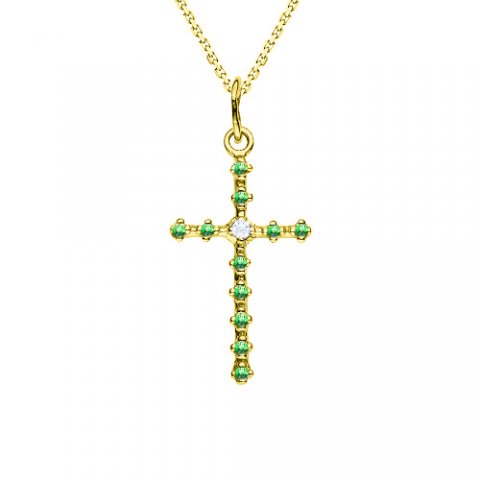 Zlatý přívěsek kříž se smaragdy a diamantem