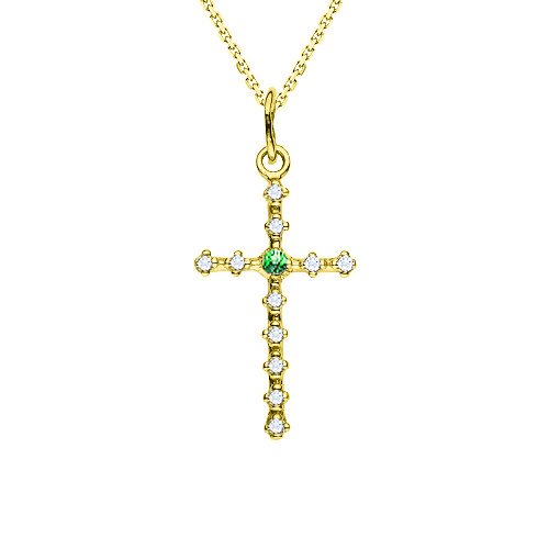 Zlatý přívěsek kříž s diamanty a smaragdem